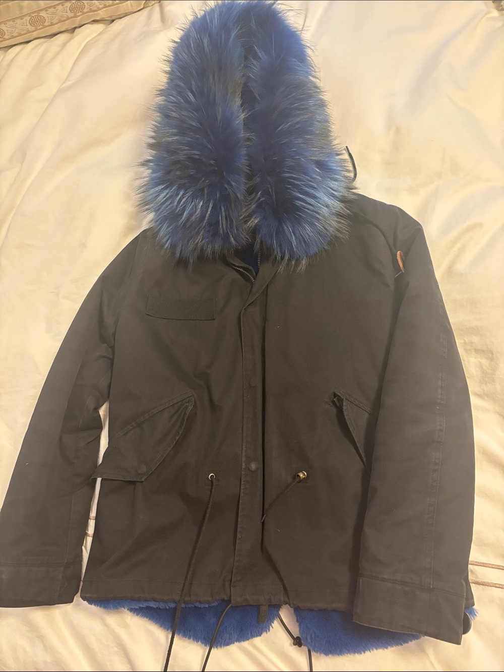 Black Parka Jacket with Blue Faux Fur Trim and interior